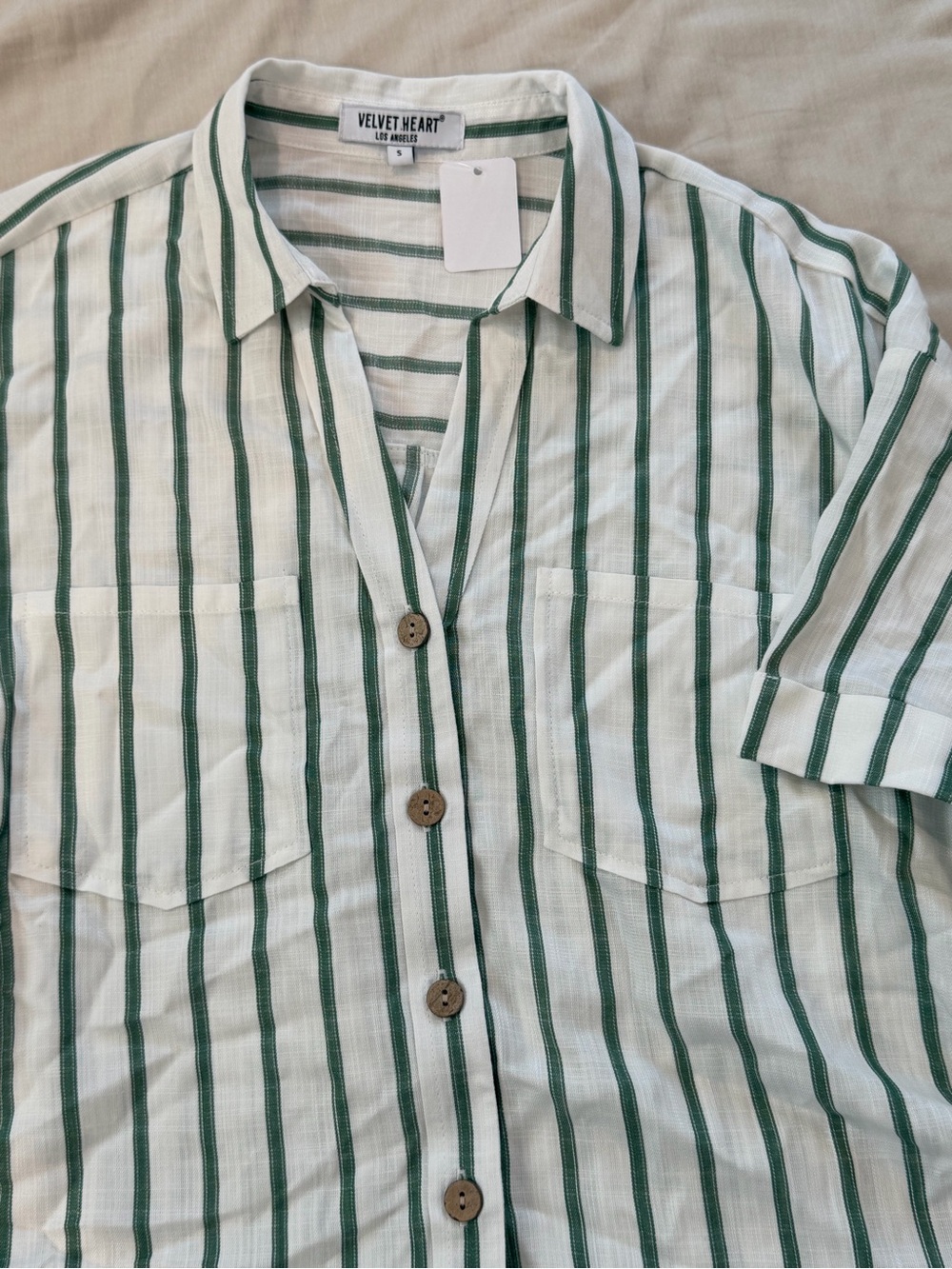 Velvet Heart White and Green Vertical Stripe Short Sleeve Button Shirt